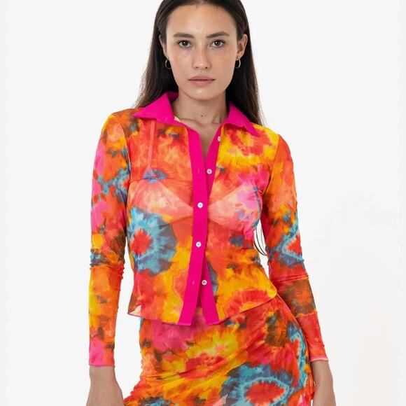 Los Angeles Apparel Printed Micro Mesh Long Sleeve Button Up Blouse Size Small - Picture 1 of 11